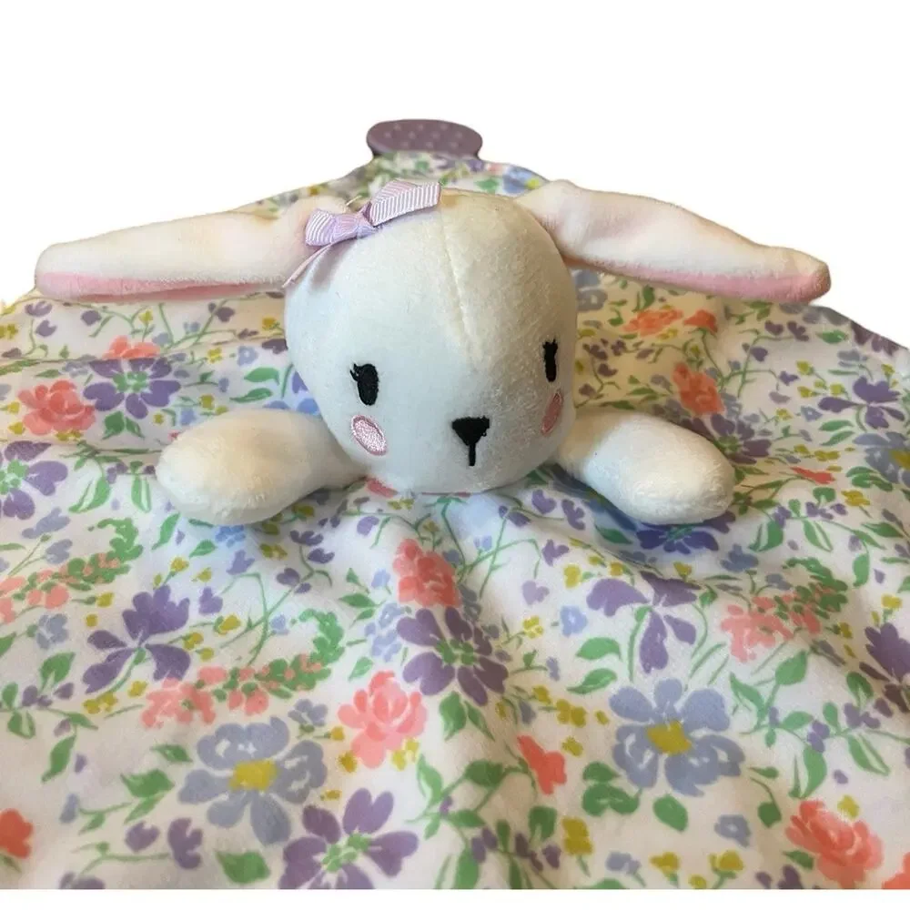 Modern Baby Bunny Rabbit Lovey Security Blanket Teether Rattle Floral 12x12